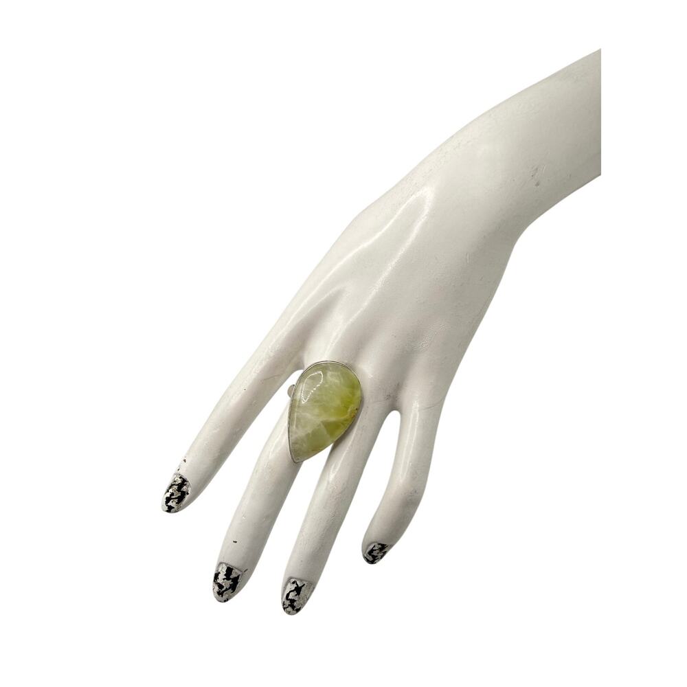 Vintage Oversized Teardrop Prehnite Ring - Silver Plated - Size 10.5